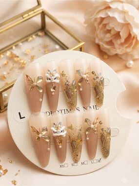Nude & Gold Bridal Press-On Nails with 3D Floral Accents